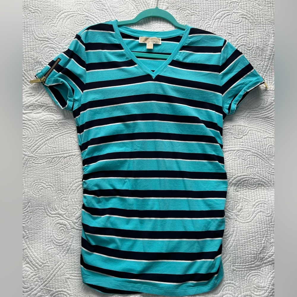 Michael Kors Striped Zipper Short Sleeve Top - Size L